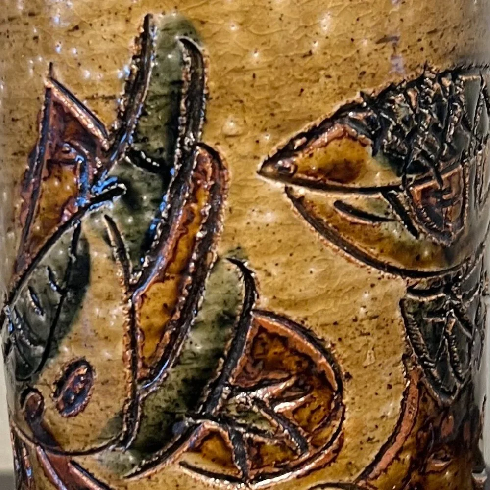 Vintage Otagiri OMC Japan Mid Century Studio Pottery Vase Fish Bird Sgraffito